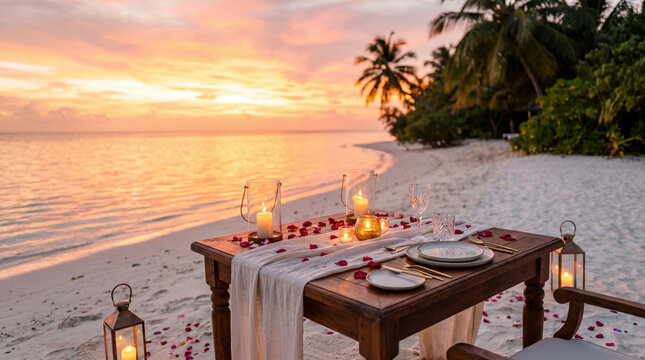 Private dinner table set at the water's edge at sunset