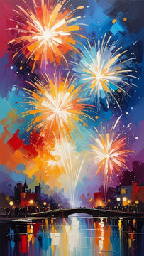 Fireworks blazing above riverside bridge in vibrant impasto night.