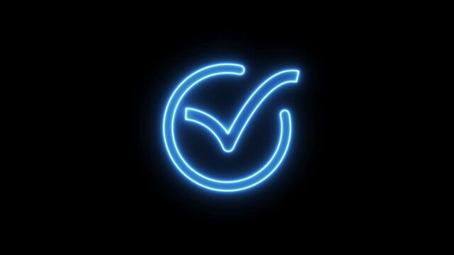 Glowing blue neon checkmark animation on black background, for success and, approval concepts