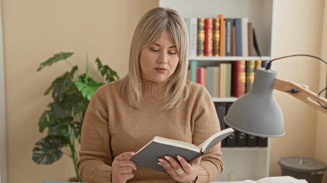 Woman holding an open book with both hands, reading and smiling at camera, desk lamp and bookshelf visible in a building study; focused study.