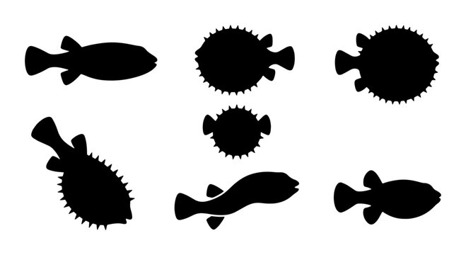 Pufferfish Silhouettes, Spiky Marine Life Icons, Underwater Creatures Vector Set