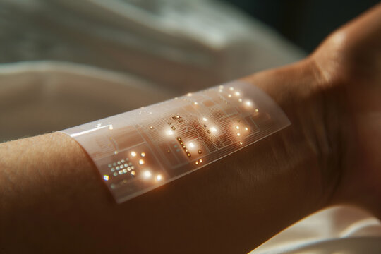 Close up of a semi-transparent grid biochip for health monitoring on a human arm. Futuristic smart patch with glowing golden microcircuit matrix, innovative digital medicine and biohacking concept