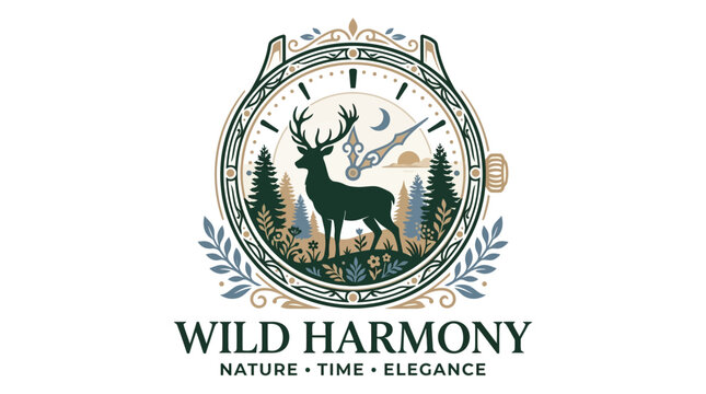 Elegant deer logo design inside a vintage watch face frame.