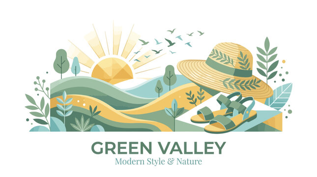 Illustration of a straw hat and sandals in a scenic valley landscape.