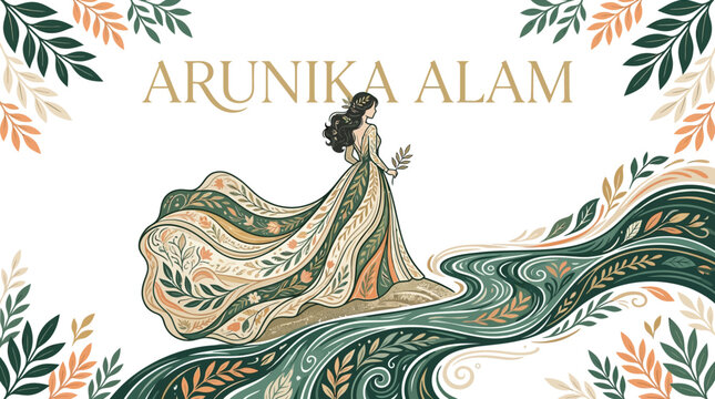 Elegant woman in flowing botanical dress illustration.