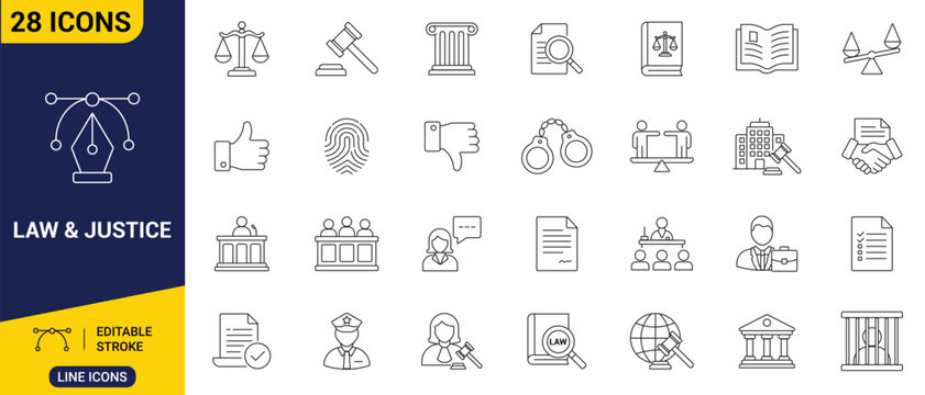 Law & justice set icon collection of clean outline symbols representing scales of justice, wooden gavels, police handcuffs, and legal courthouses.