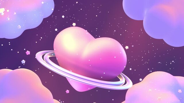 Dreamy heart-shaped planet rotating gently, surrounded by pastel clouds and floating stars animation. (loop)