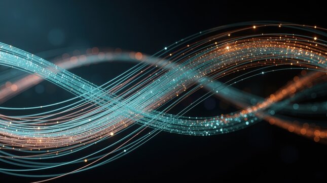 Abstract digital waves of light intertwine in a dark background, symbolizing data flow and connectivity in a futuristic, technological style.