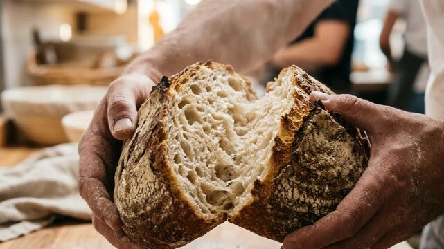 Baker Holding Freshly Baked Sourdough Bread Loaf