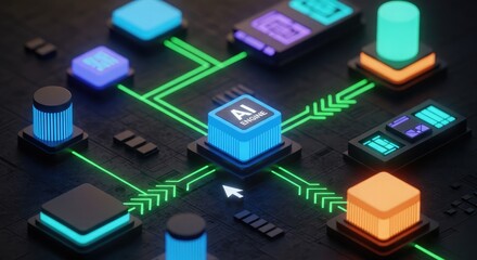 Fototapeta premium Artificial intelligence network concept with glowing connections and central processing unit