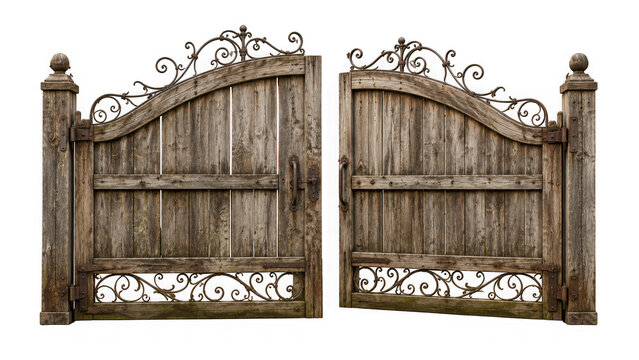 Rustic vintage wooden gate with ornate metal scrollwork detail as isolated on transparent background
