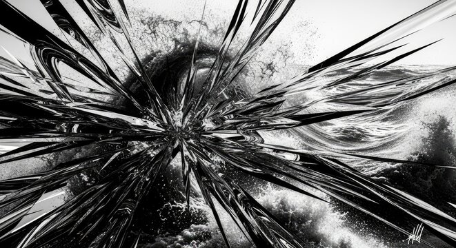 Abstract glass shards exploding over crashing black and white wave