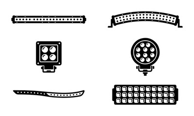 LED Light Bars, Spotlights, and Lamps Set, Automotive Lighting Icons, Vector Graphics © Rafiul