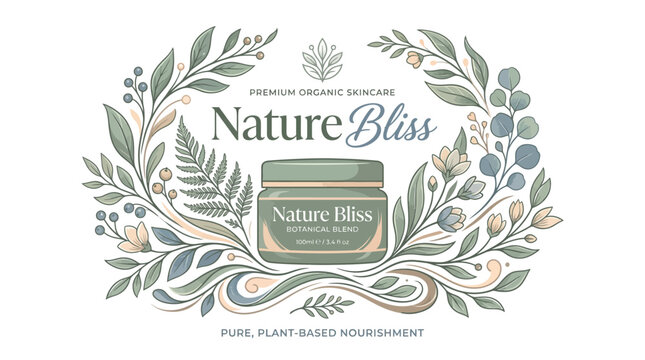 Natural skincare cream jar with decorative botanical floral illustration.