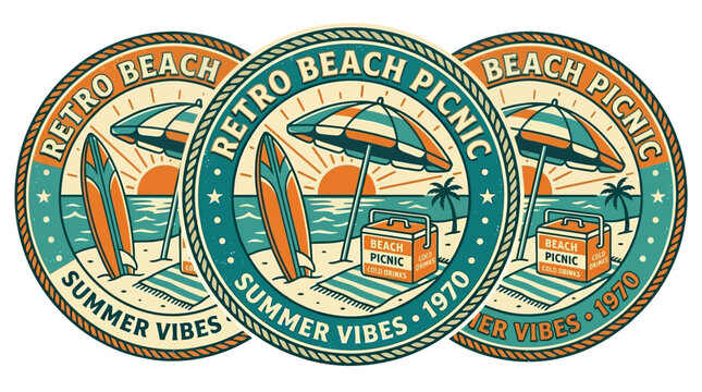 Retro Beach Picnic Badges Summer.