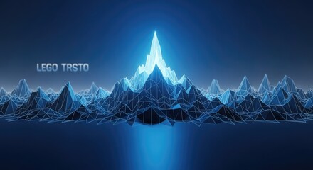 Naklejka premium Glowing blue polygon mountain landscape with lego trsto text