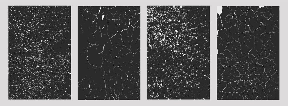 Set of four cracked and weathered surface textures, including fissured earth, worn patches, and speckled corrosion patterns, abstract aged designs for backgrounds, overlays, or artistic projects