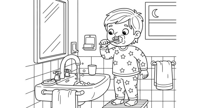 Child Brushing Teeth in Bathroom.