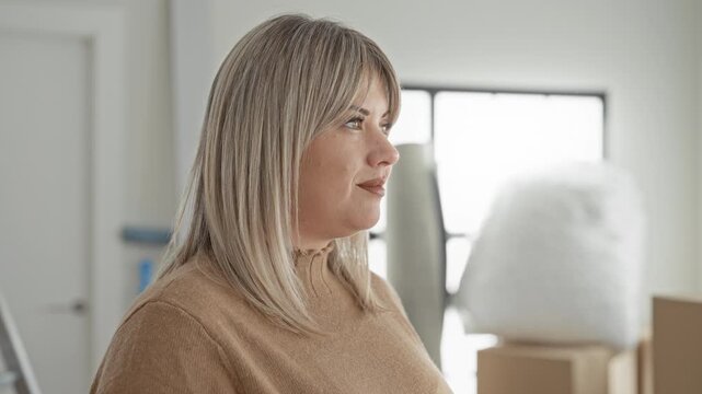 Woman smiling and looking to the side showing face and mouth near cardboard boxes and bubblewrap during moving in a residential building; new home contentment.