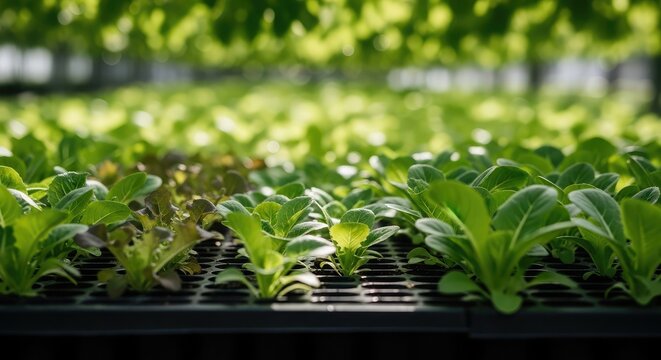 Lettuce seedlings growing in a hydroponic farm with rows of green plants