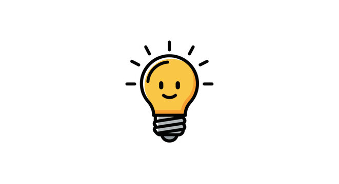 Cute yellow smiling light bulb mascot graphic.