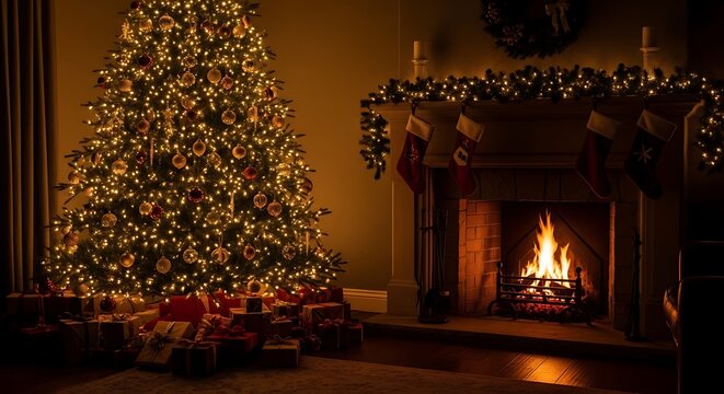 Merry christmas cozy living room with lit tree fireplace and gift presents