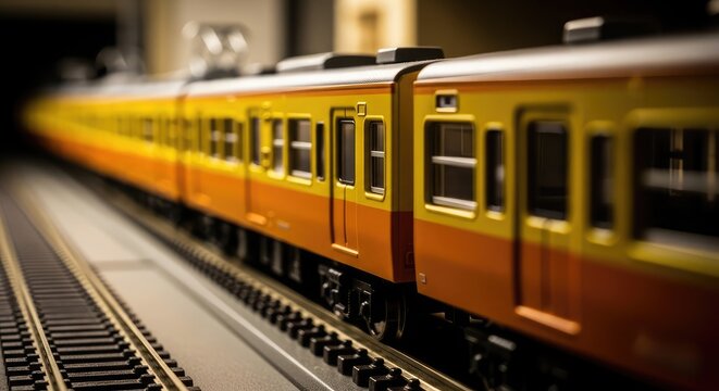 Detailed close up of a vintage orange and yellow model train on black tracks