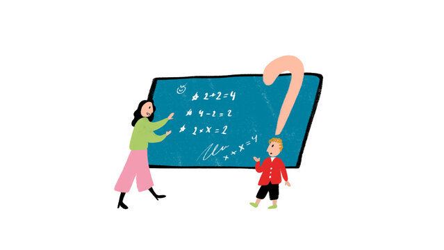 Teacher helping confused child at blackboard in childlike style. Concept of math support, classroom guidance, learning difficulty, school communication, and educational illustration.