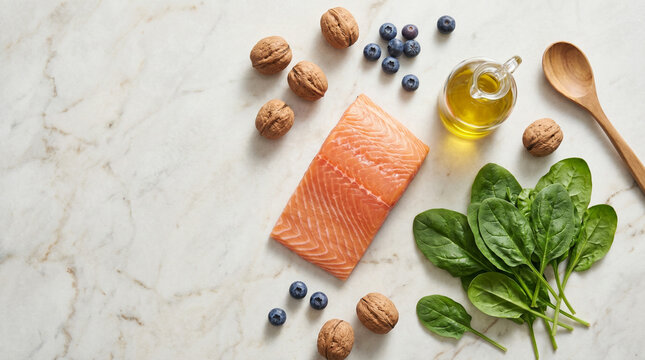 Longevity healthy aging brain health cognitive wellness nutrient rich foods on marble background with copy space