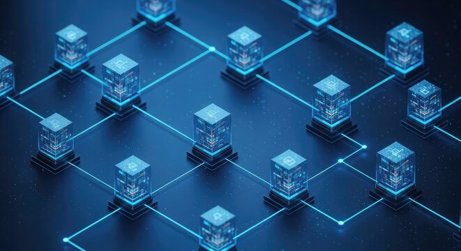 Network of interconnected data cubes in a futuristic digital landscape