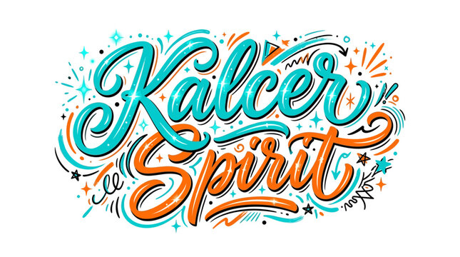 Colorful hand lettered Kalcer Spirit typography design on white background.