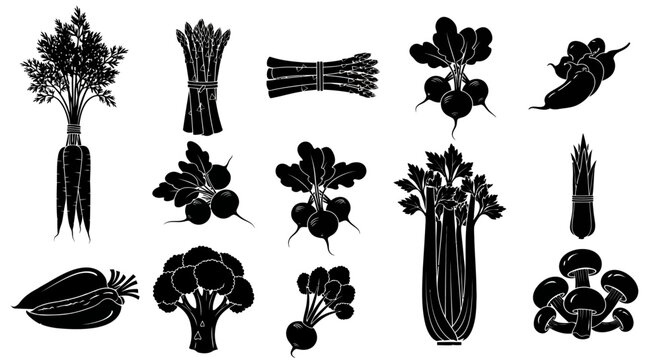 Vegetable icons set including carrots beets broccoli and mushrooms in black silhouette on white background