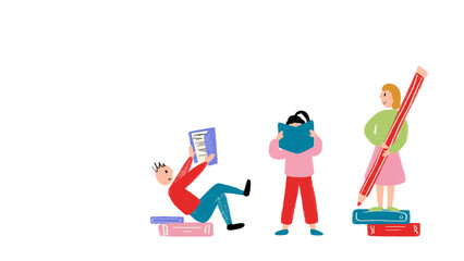 Childlike style illustration of three children studying with books and giant pencil. Concept of reading, school activity, group learning, and creative education materials.