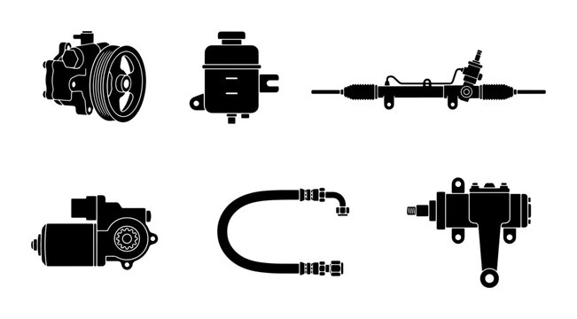Automotive Steering Parts Collection, Power Steering Pump, Rack and Pinion, Reservoir, Hose, Vector Icons
