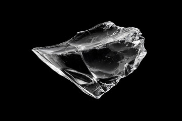 Naklejka premium Flying broken glass shards isolated on a black background, with sharp transparent fragments, glossy reflections, and dramatic studio lighting.