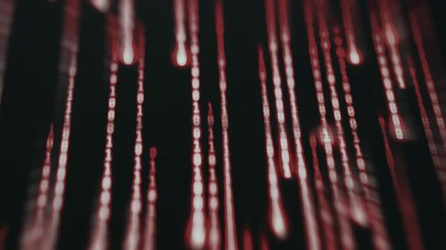 Digital code rain with glowing red and white binary digits