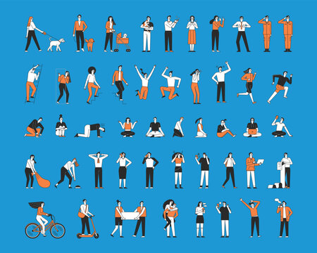 Modern people activity collection featuring everyday actions, work, communication, exercise, and lifestyle in a minimalist line illustration style.