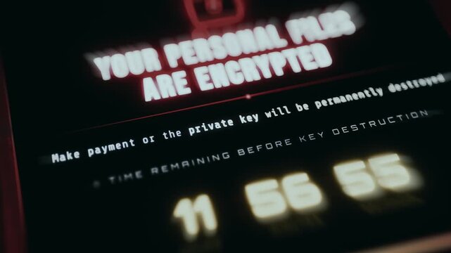 Cybersecurity breach screen with ransom demand for file decryption