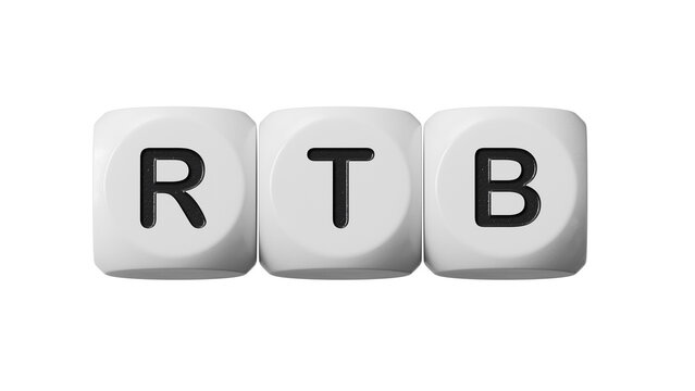 rtb, real, time, bidding. wooden table with wooden dice. text on wood blocks.close up of wooden dice,Business Concept.Supports PNG files with transparent backgrounds. 