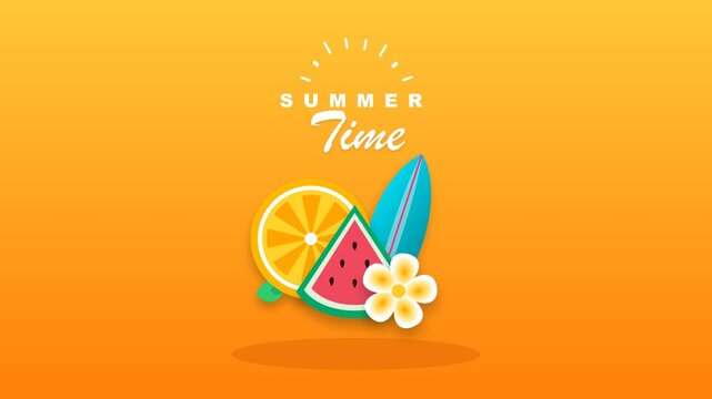 Seamless loop of summer time text animation with surfboard and tropical fruits flat vector background