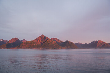 The Lofoten islands as seen from Melbu during sunset, Hadseløya  the largest mountain seen is Strøna © Jane