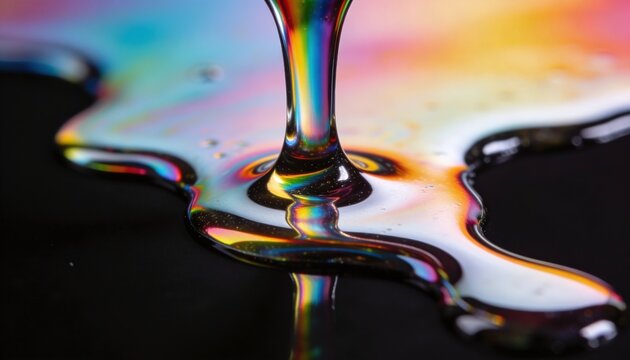 Vibrant chromatic liquid flows brightly on a dark surface, creating a stunning abstract artistic display of rainbow colors and refractive light, a dynamic visual concept