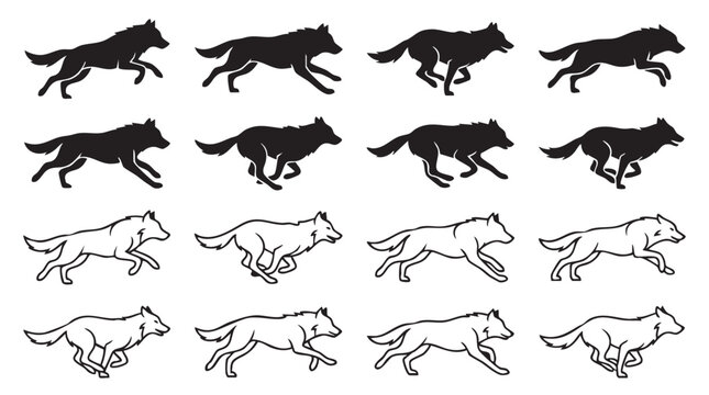 Set of running wolf silhouettes in black and white styles for animation sequences.