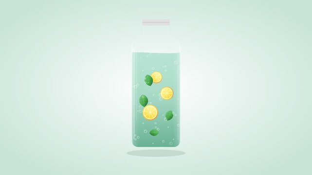 Seamless loop of infused water bottle with floating lemon slices and mint leaves vector animation