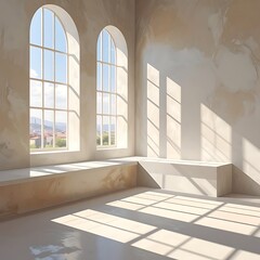 Fototapeta premium empty room with large windows and sunlight.