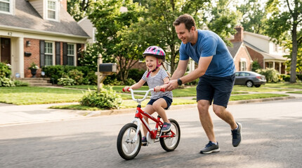 Obraz premium Father supporting child on first bicycle ride through neighborhood street. Joyful child in helmet enjoying new bike experience with supportive father by side.