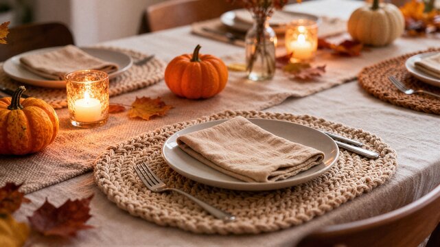 Cozy autumn Thanksgiving table setting with white plates and miniature pumpkins ideal for festive family dinner and holiday marketing