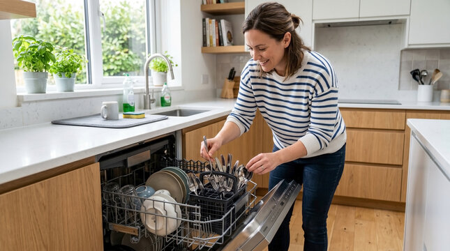 Loading cutlery basket in dishwasher with woman organizing dishes and silverware in modern kitchen. Dishwashing process includes neatly arranging utensils for efficient cleaning.