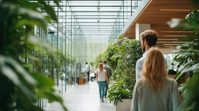 People walking through a modern office hallway filled with lush green plants and natural light