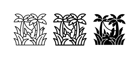Tropical Jungle Icons, Palm Trees, Lush Foliage, Nature Landscape Vector Graphics © Mahadi